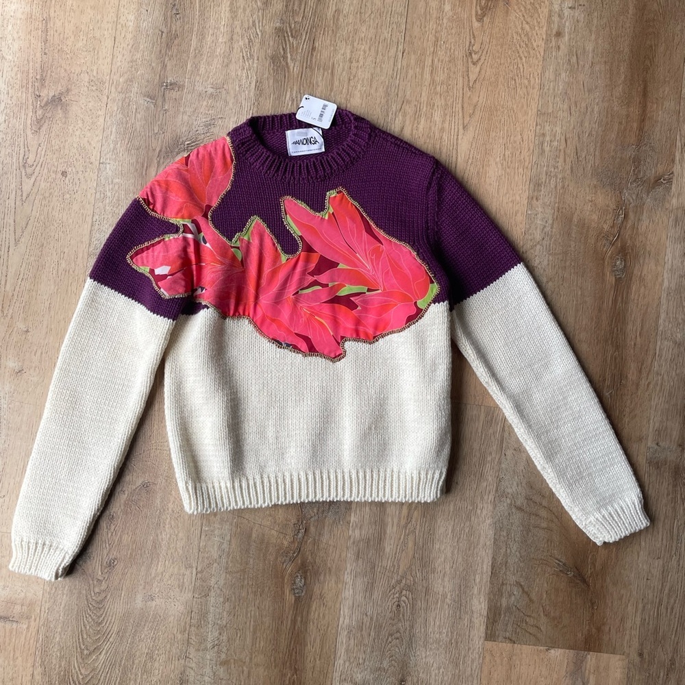 Mandinga Wool Blend Sweater Purple Cream Floral Applique Knit NWT Size S boho